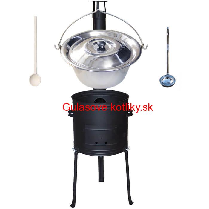 Antikorový kotlík 14 L (0,8 mm) + kovová kotlina s vysokými nožičkami 36 cm + vareška a naberačka