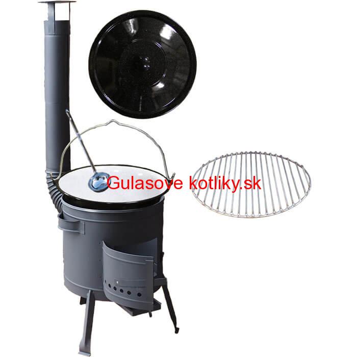 Smaltovaný kotlík 25 L + Nerezový rošt 45 cm + nízka žiaruvzdorná kotlina 42 cm PLUS 600