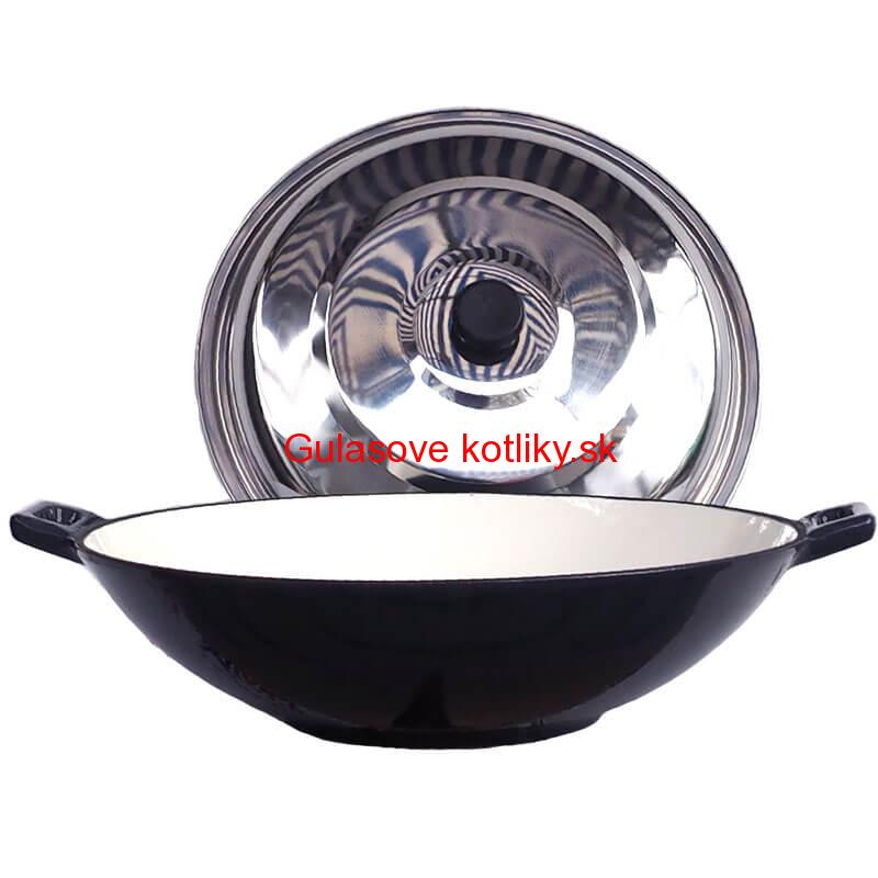 Liatinový wok – smaltovaný povrch 37 cm + nerezová pokrievka