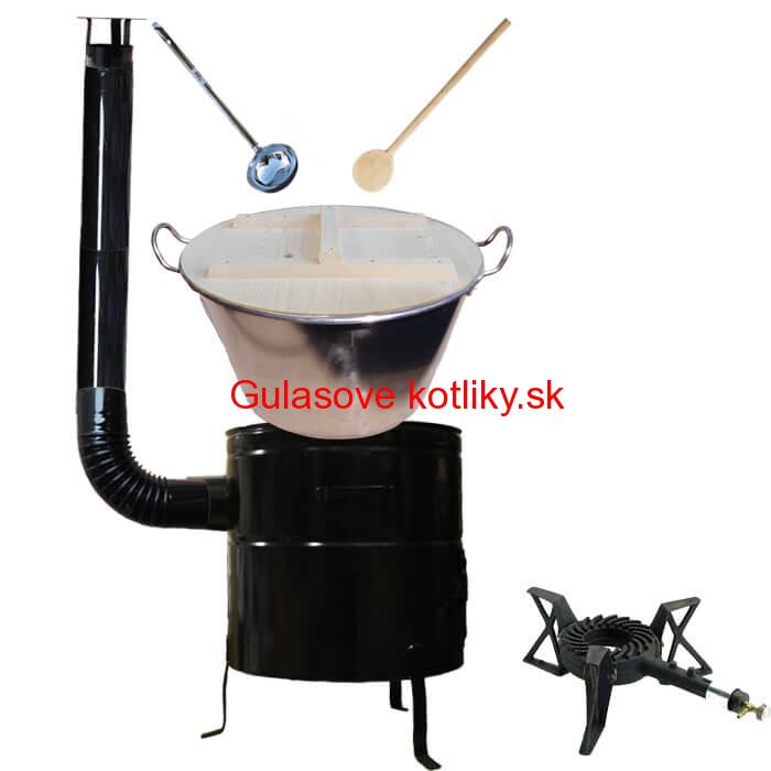 Zabíjačkový nerezový kotol 100 L, kovová kotlina 60 cm, drevená pokrievka, horák 7 kW + dymovod