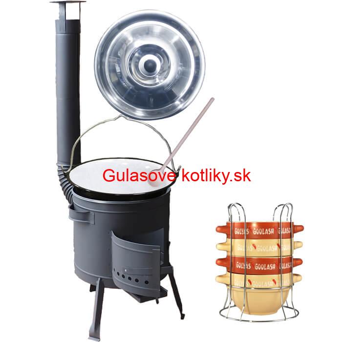 Smaltovaný kotlík 22 L (1,2 mm) + misky na guláš 4 ks + nízka žiaruvzdorná kotlina 42 PLUS 600