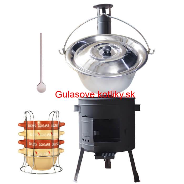 Nerezový kotlík 22 L (0,8 mm) INOX + misky na guláš 4 ks + nízka žiaruvzdorná kotlina 42 PLUS 600
