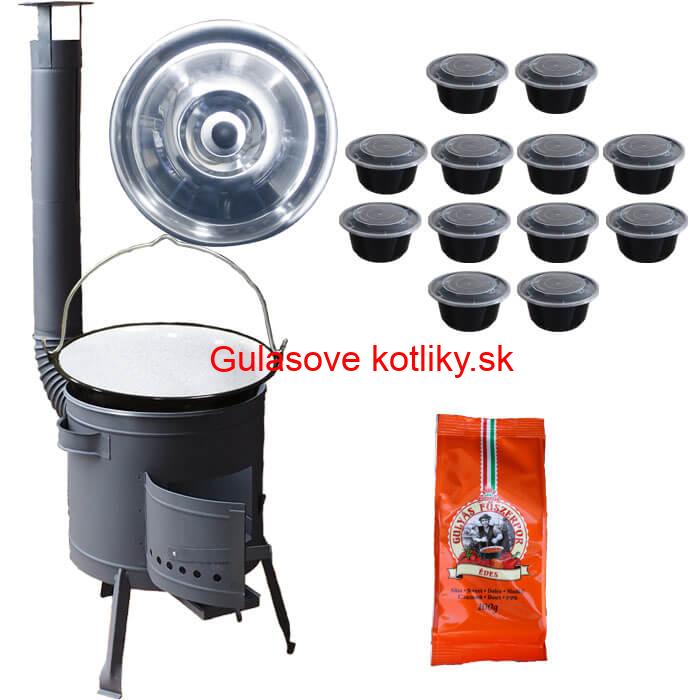Smaltovaný kotlík 20 L (1,2 mm) + pokrievka + misky 12 ks + nízka žiaruvzdorná kotlina (0,8 mm) 42 PLUS 600