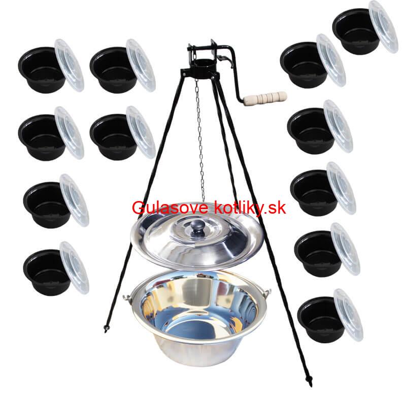 Nerezový kotlík 14 L (0,8 mm) INOX+ stojan s kladkou VAR + misky 12 ks