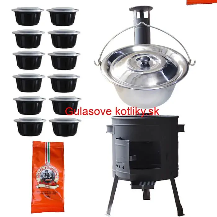 Nerezový kotlík 22 L (0,8 mm) INOX + hrubostenná (1,5 mm) žiaruvzdorná kotlina BALKY STRONG 42 PLUS 600 + misky 12 ks + paprikové korenie na guláš 100 g