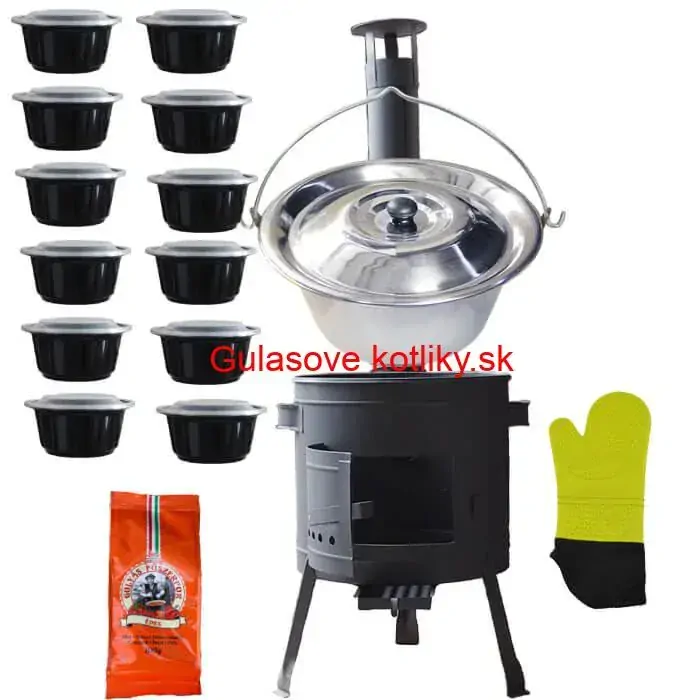 Nerezový kotlík 22 L (0,8 mm) + misky 12 ks + nízka žiaruvzdorná kotlina (0,8 mm) 42 PLUS 600