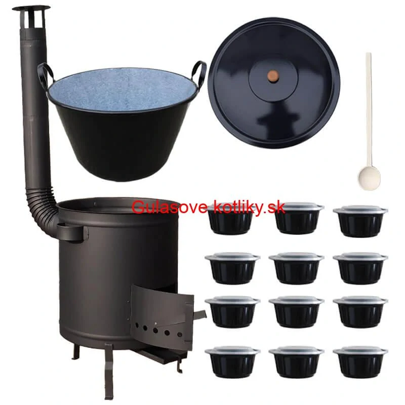 Smaltovaný kotol 70 L + hrubostenná kotlina 53 cm (2 mm) STRONG PLUS 600 + misky 12 ks