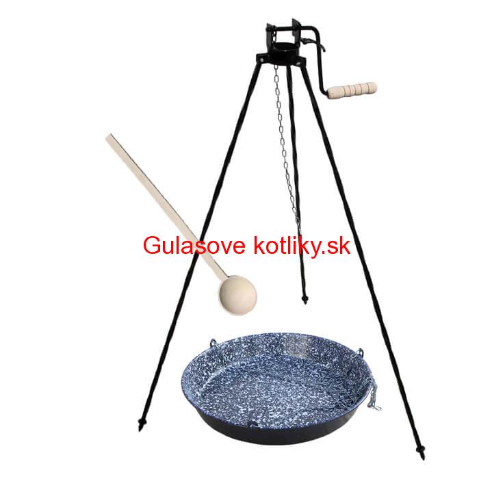 Smaltovaná panvica s retiazkou 42 cm + trojnožka s poistnou kladkou a vareška GRILL