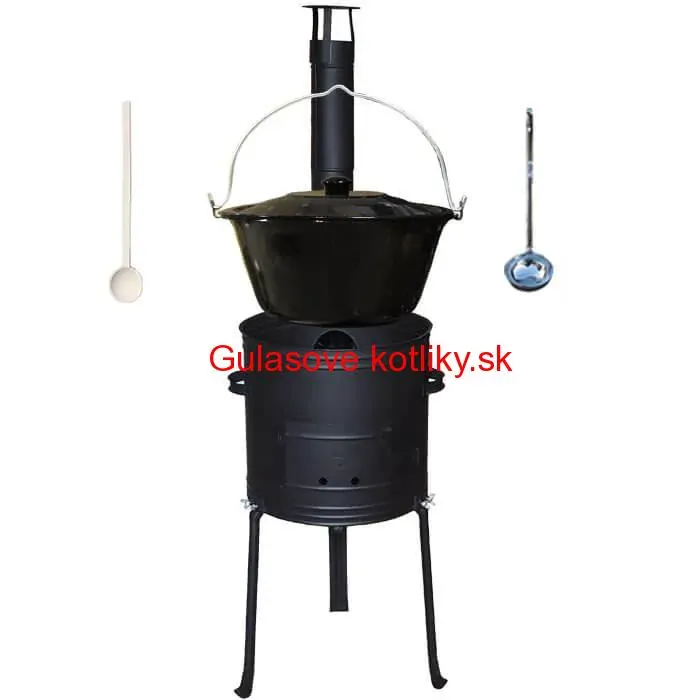 Smaltovaný kotlík 20 L + kovová kotlina s vysokými nožičkami 42 cm, žiaruvzdorná farba Plus 700 + vareška a naberačka