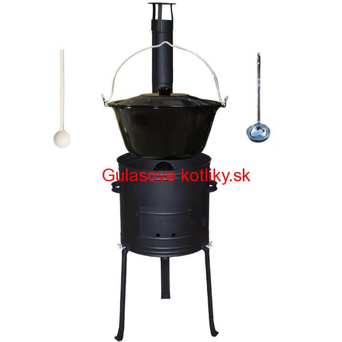 Smaltovaný kotlík 30 L + kovová kotlina s vysokými nožičkami 42 cm, žiaruvzdorná farba Plus 700 + vareška a naberačka