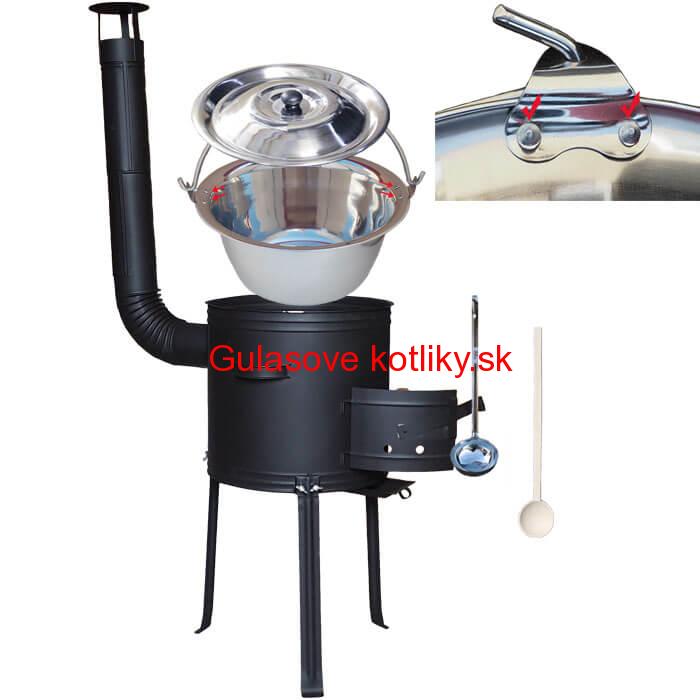 Antikorový kotlík 15 L (0,8 mm) zosilnený s nitmi + kovová kotlina s vysokými nožičkami 36 cm, žiaruvzdorná farba Plus 700 + vareška a naberačka