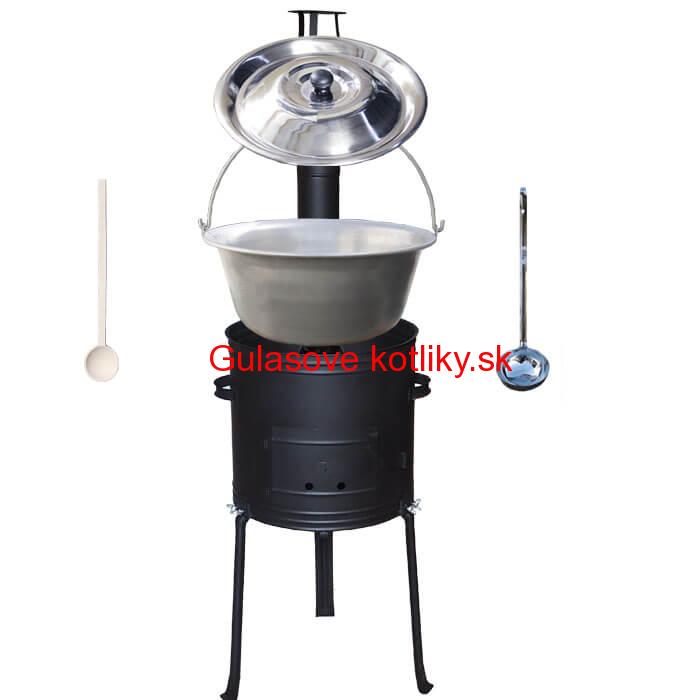 Nerezový kotlík 15 L (1,5 mm) + kovová kotlina s vysokými nožičkami 36 cm, žiaruvzdorná farba Plus 700 + vareška a naberačka