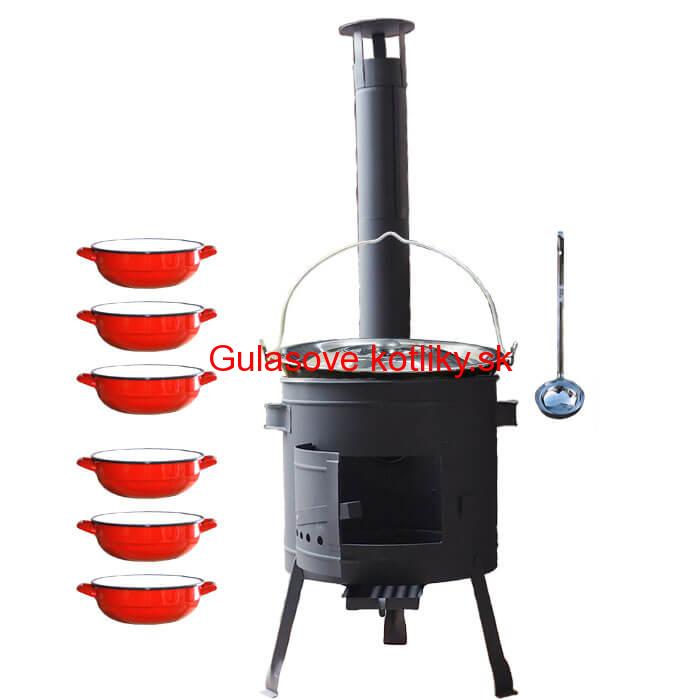 Smaltovaný kotlík 20 L + selské misky 6 ks + nízka žiaruvzdorná kotlina 42 cm PLUS 600