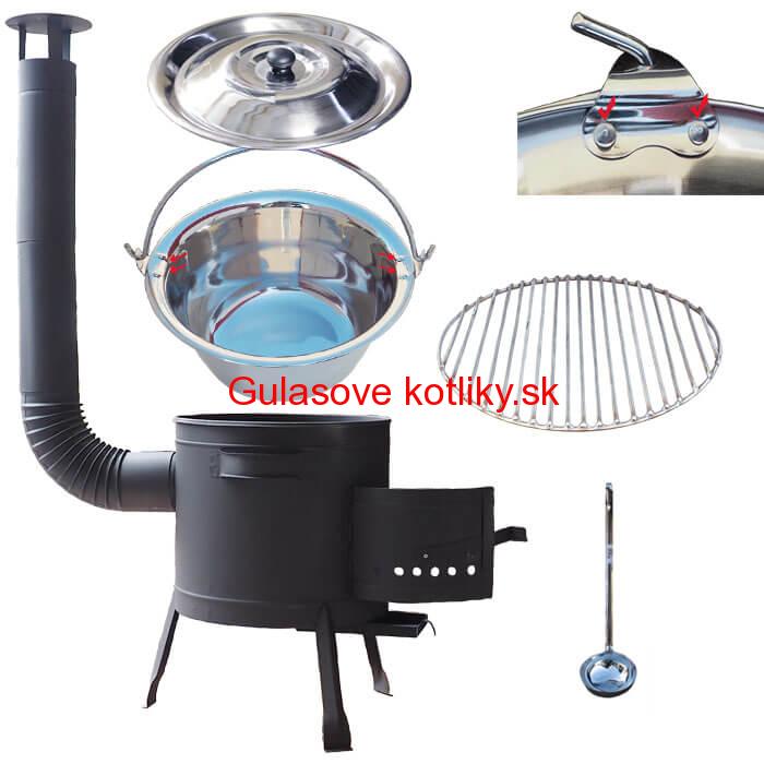 Nerezový kotlík 20 L (0,8 mm) s nitmi INOX + Nerezový rošt 45 cm + nízka žiaruvzdorná kotlina 42 cm PLUS 600