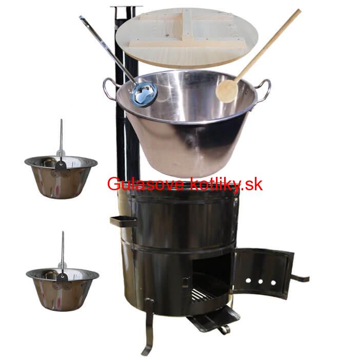 Zabíjačkový nerezový kotol 100 L, kovová kotlina 60 cm, smaltovaná pokrievka + 2 servírovacie antikorové kotlík