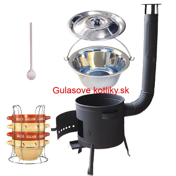 Nerezový kotlík 22 L (0,8 mm) INOX + misky na guláš 4 ks + nízka žiaruvzdorná kotlina 42 PLUS 600