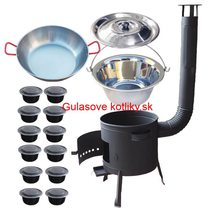 Nerezový kotlík 22 L (0,8 mm) INOX + Panvica PAELLA (WOK) 45 cm + misky 12 ks + nízka kotlina 42 PLUS 600