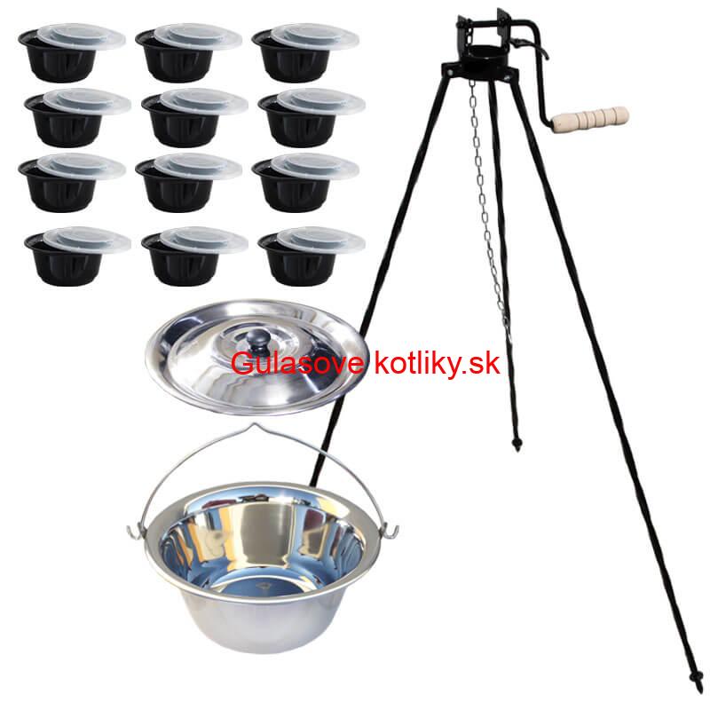 Nerezový kotlík 14 L (0,8 mm) INOX+ stojan s kladkou VAR + misky 12 ks