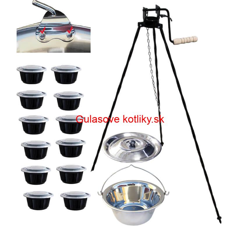 Antikorový kotlík 15 L (0,8 mm) s nitmi + stojan s kladkou VAR + misky 12 ks