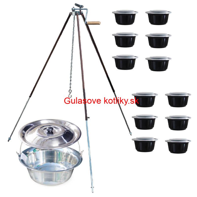 Antikorový kotlík 20 L (1,2 mm) + teleskopická trojnožka s poistnou kladkou + misky 12 ks