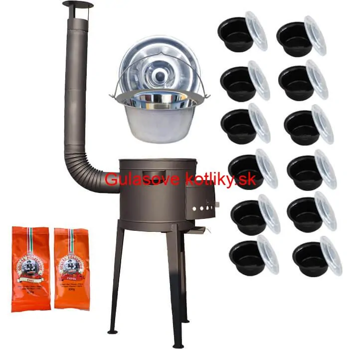 Nerezový kotlík 22 L (0,8 mm) INOX + vysoká žiaruvzdorná  kotlina 42 cm PLUS 600 + misky 12 ks + 2 x korenie na guláš 100 g