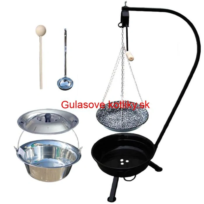 Nerezový kotlík 22 L (0,8 mm) INOX + smaltovaná panvica + ohnisko so stojanom a s poistnou kladkou VAR