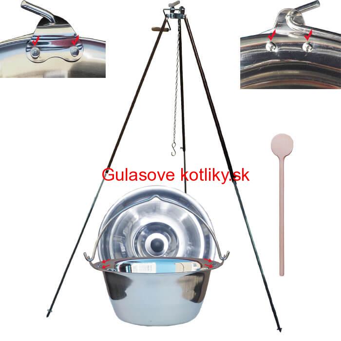 Antikorový kotlík 15 L (0,8 mm) s nitmi + teleskopická trojnožka s poistnou kladkou + pokrievka