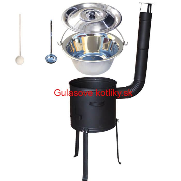 Antikorový kotlík 14 L (0,8 mm) + kovová kotlina s vysokými nožičkami 36 cm + vareška a naberačka