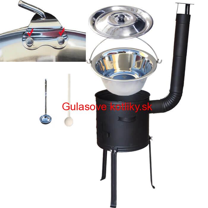 Antikorový kotlík 15 L (0,8 mm) zosilnený s nitmi + kovová kotlina s vysokými nožičkami 36 cm, žiaruvzdorná farba Plus 700 + vareška a naberačka