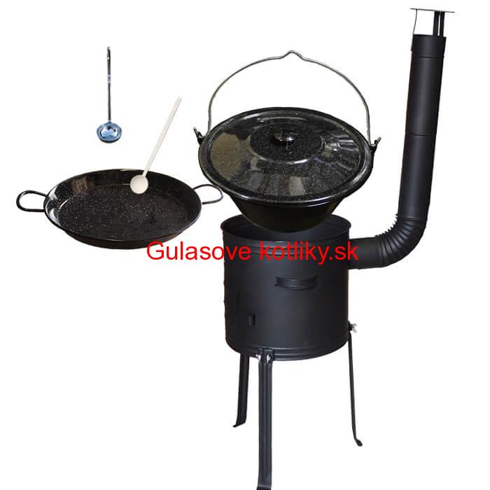 Smaltovaný kotlík 13 L (1,2 mm) + Paella panvica 38 cm + kotlina s vysokými nožičkami 36 cm, žiaruvzdorná farba Plus 700
