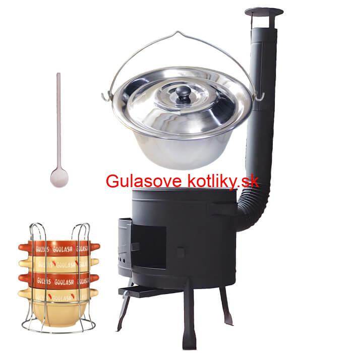Nerezový kotlík 22 L (0,8 mm) INOX + misky na guláš 4 ks + nízka žiaruvzdorná kotlina 42 PLUS 600