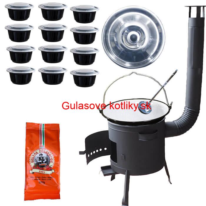 Smaltovaný kotlík 25 L (1,2 mm) + pokrievka + misky 12 ks + nízka žiaruvzdorná kotlina (0,8 mm) 42 PLUS 600