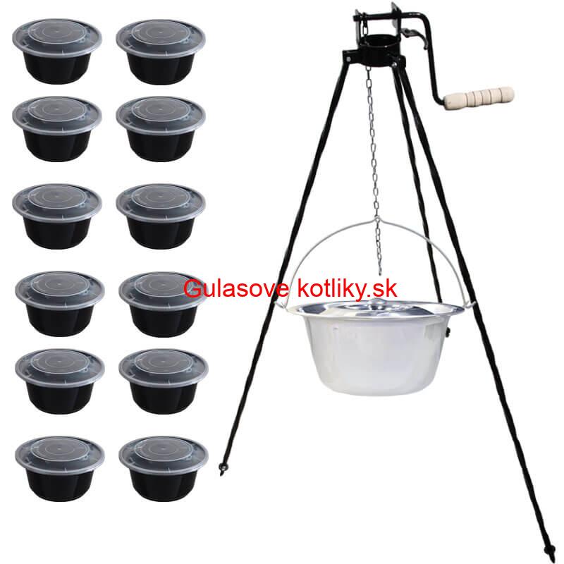 Nerezový kotlík 14 L (0,8 mm) INOX+ stojan s kladkou VAR + misky 12 ks