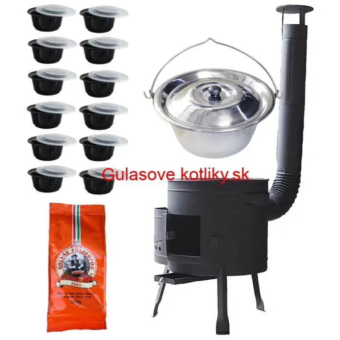 Nerezový kotlík 22 L (0,8 mm) INOX + hrubostenná (1,5 mm) žiaruvzdorná kotlina BALKY STRONG 42 PLUS 600 + misky 12 ks + paprikové korenie na guláš 100 g