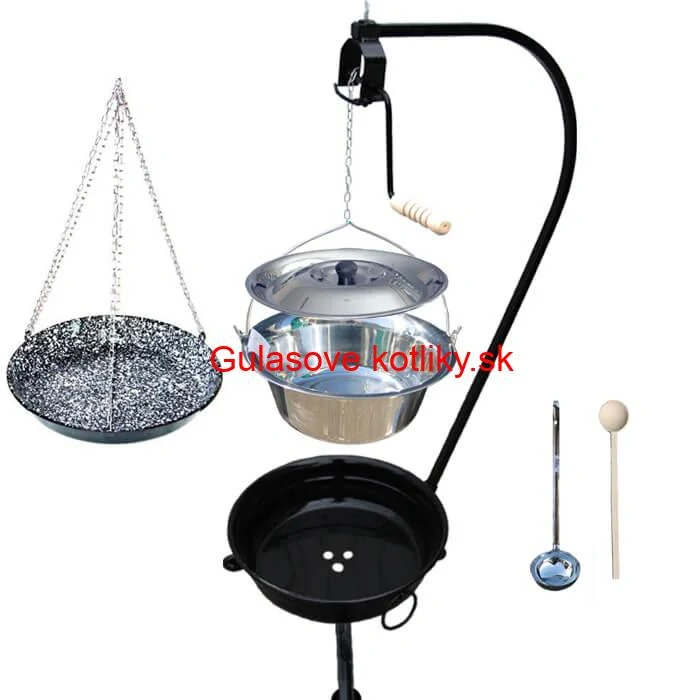 Nerezový kotlík 10 L (0,8 mm) INOX + smaltovaná panvica + ohnisko so stojanom a s poistnou kladkou VAR