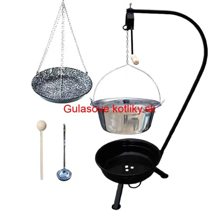 Nerezový kotlík 15 L (1,2 mm) INOX + smaltovaná panvica + ohnisko so stojanom a s poistnou kladkou VAR